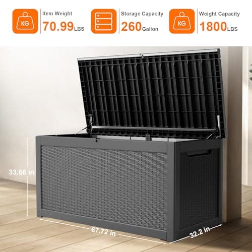 260 Gallon Resin Deck Box, Lockable Patio Outdoor Storage Box for Furniture, Garden Tools and Tools Storage, Waterproof Outside Storage Boxes - Black