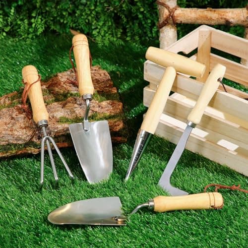 Lasnten 5 Pcs Dibber Garden Tool Set, Heavy Duty Seed Planter Gardening Tools with Hand Dibber, Hand Crack Weeder, Transplanter, Big Trowel, 3-Claw Cultivator for Planting Flowers, Gardening Gifts