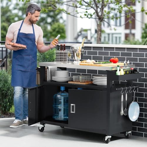 YITAHOME XL Outdoor Grill Cart with Stainless Steel Top, Outdoor Grill Table with Storage Cabinet for Patio, Kitchen Prep, Grilling Accessories, Black