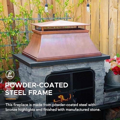 Sunjoy Outdoor Fireplace, Patio Wood Burning Fireplace with Steel Chimney, Mesh Spark Screen Doors, Fire Poker, and Removable Grate, Copper and Black