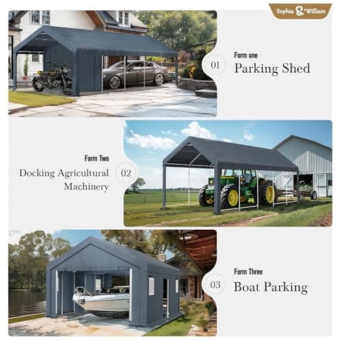 Sophia & William Carport Storage Shed 13x24 ft Portable, Heavy Duty Car Port Canopy Garage Shelter with Sidewalls and Roll Up Doors for Automobile Boat Motorcycle Bike, Gray
