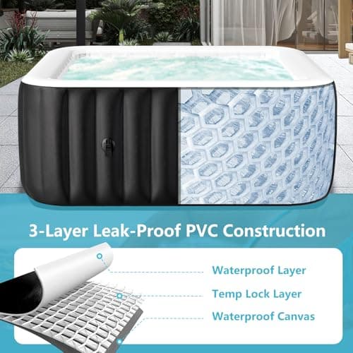 4-6 Person Inflatable Hot Tub, Large Square Portable Blow up Hot Tub, Leak-Proof PVC Outdoor Spa with 130 Air Jets, Insulated Cover and Heater Pump, 73” X 73”X 25”