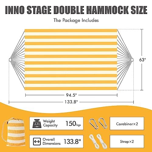 INNO STAGE Brazilian Double Hammocks - Woven Hammock Two Person Hanging Camping Bed for Patio, Backyard, Porch, Outdoor and Indoor Use - Soft Canvas Hammock with Portable Carrying Bag Yellow