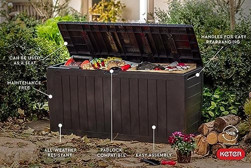 Keter Marvel Plus 71 Gallon Resin Outdoor Storage Box for Patio Storage Box Cushions, Throw Pillows, Garden Tools and Pool Floats, Brown