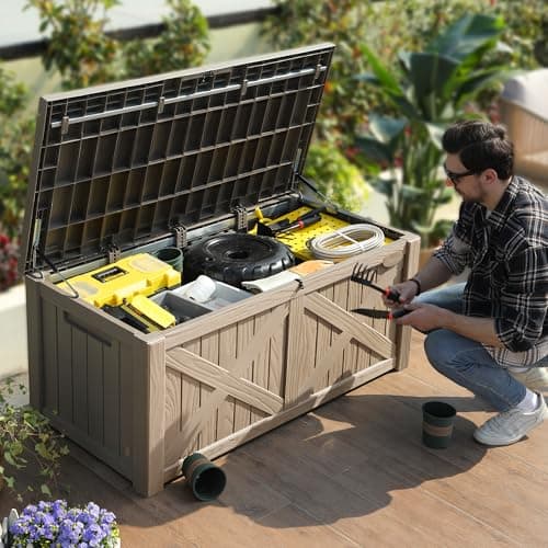 YITAHOME 120 Gallon Large Deck Box, Upgraded Resin Outdoor Storage Boxes w/Flexible Divider, Waterproof Cushion Storage Bench for Patio Furniture, Pool Supplies, Garden Tools - Lockable, Light Brown
