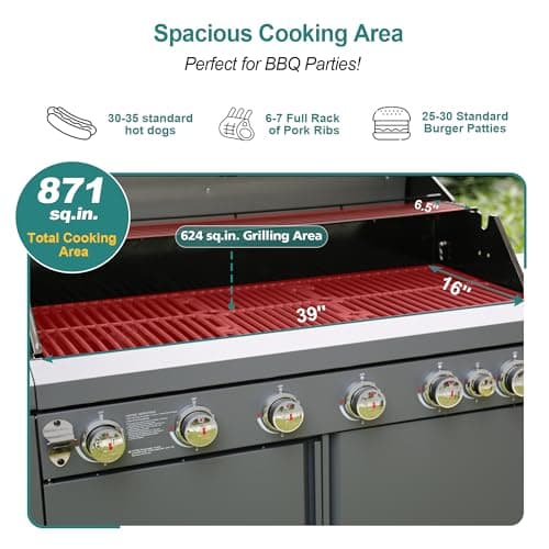 Brand-Man 6 Burner Gas Outdoor Kitchen Island Grill - 72,000 BTU Stainless Steel BBQ Grill Station with Side Burner, Storage Cabinets, Fold-out Prep Table, LPG/NG Convertible, Gray