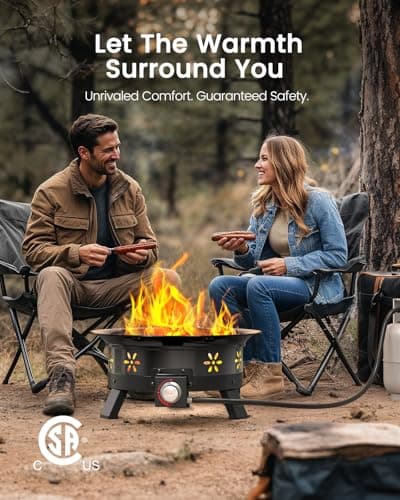 AMADA HOMEFURNISHING 19″ Propane Fire Pit with Grill Grate, 58,000 BTU, Folding Legs, Propane Tank Holder, Cover, and Carry Strap, No Ignition Needed, Easy Flame Adjustment, CSA-Certified, Portable