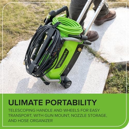 Greenworks 2100 PSI (SGS Certified) 1.2 GPM 13Amp Compact Electric Pressure Washer Telescoping Handle Power Washer for Cars, Driveways, Patios, Patio Furniture & Around Pools