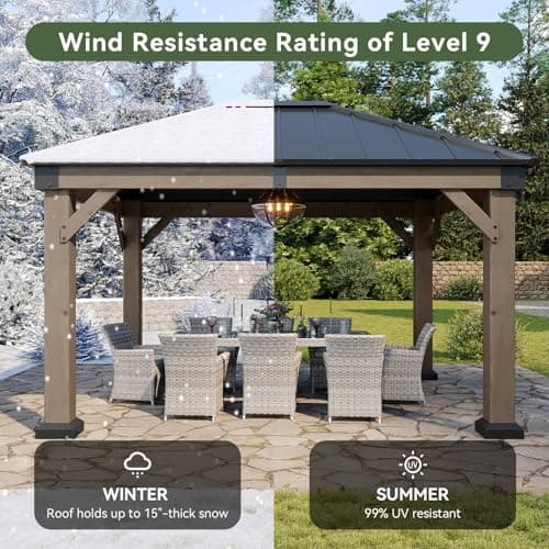 Aoxun 10' x 12' Outdoor Wood Gazebo, Hardtop Gazebo Permanent Wooden Pavilion with Galvanized Steel Roof, for Patio, Garden, Deck, Cedar Wood