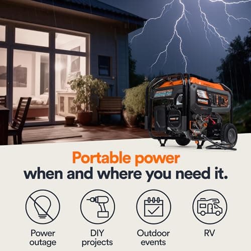 Generac 7,500-Watt Dual-Fuel Compatible Portable Generator - Gas and Propane - COsense Technology with Electric Start - PowerRush Advanced Technology - Reliable Power Solution - Home Use, Orange/Black
