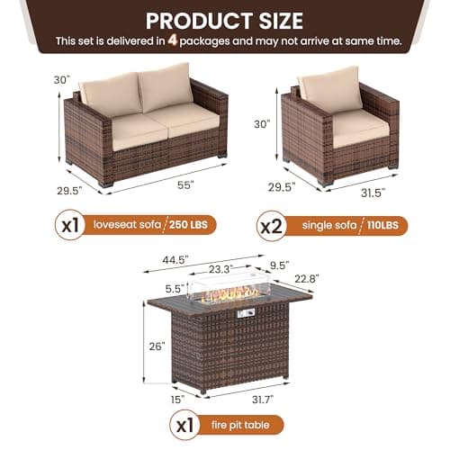 UDPATIO Patio Furniture Set with Fire Pit Table, 4 Pieces Outdoor Furniture Sets, Wicker Rattan Patio Conversation Sets with Outdoor Sofa Waterproof Covers for Porch Deck Backyard, Khaki