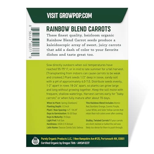 Organic Carrot Seeds (Rainbow Blend) - Approx 500 Seeds - USDA Organic, Non-GMO, Open Pollinated, Heirloom, USA Origin