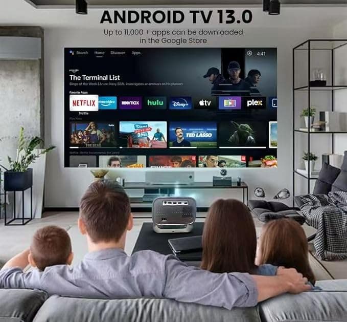 【Auto Focus by Remote】Smart Mini Projector for home cinema,Freely-rotating Auto Keystone Full HD Projector 4K Supported Android13.0 Projector with Netflix,20000+ APP with outdoor Portable