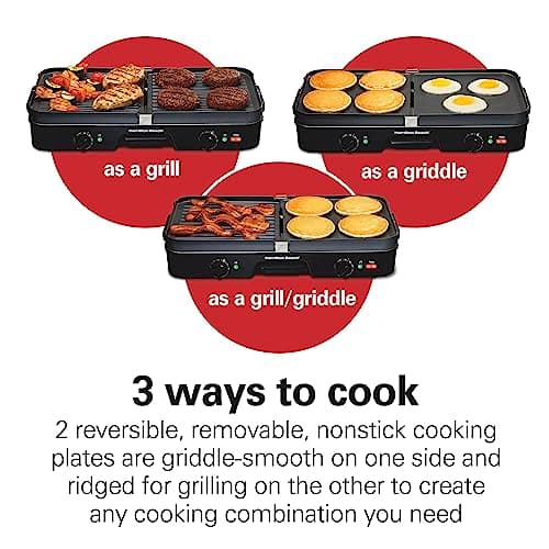 Hamilton Beach 3-in-1 Electric Indoor Grill + Griddle, 8-Serving, Reversible Nonstick Plates, 2 Cooking Zones with Adjustable Temperature (38546), Black