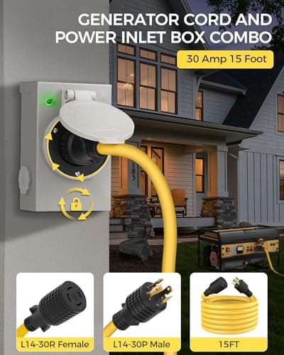 30 Amp Generator Cord and Pre-drilled Power Inlet Box Kit, NEMA L14-30P to L14-30R, 15FT 4 Prong 10 Gauge STW Wire with Twist Lock Connector, L14-30P Inlet Box for Generator to House, ETL Listed