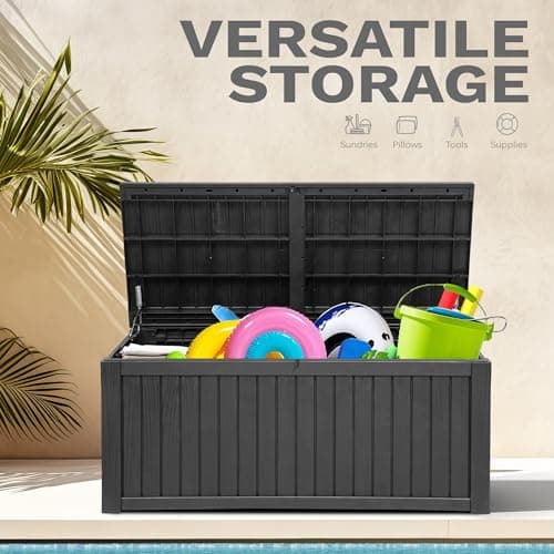 DWVO 150 Gallon XL Deck Box with Divider & Lockable Lid, Waterproof Resin Outdoor Storage for Patio, Garden, Poolside, Cushions, Supplies & Sports Gear, Black