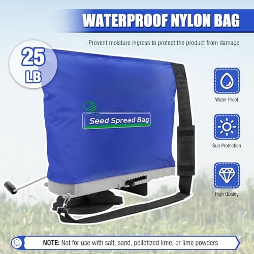Zipcase 25lb Bag Seed Spreader with Waterproof Bag, Rare Baffle and Accurate Gears, Handheld Grass Seed Spreaders for Lawns, Blue