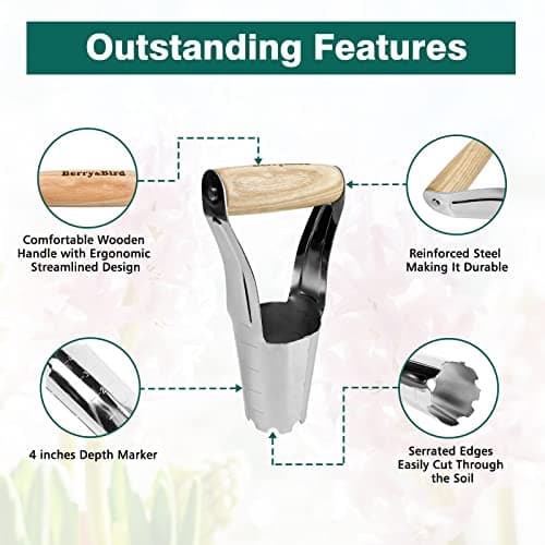 Garden Bulb Planter with 4 Inches Depth Mark, Stainless Steel Gardening Bulb Transplanter Tool with Short Handle for Planting Flowers Tulips, Daffodils, Lily, Dahlias