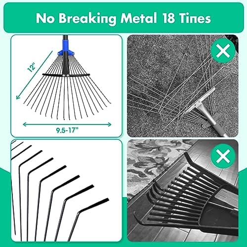 Garden Rake, Leaf Rake with Expandable Head from 9.5 inch to 17 inch, Collapsible Lawn Rakes with 53 Inch Adjustable Handle, Heavy Duty Metal Rakes for Lawn Yard, Flower Beds