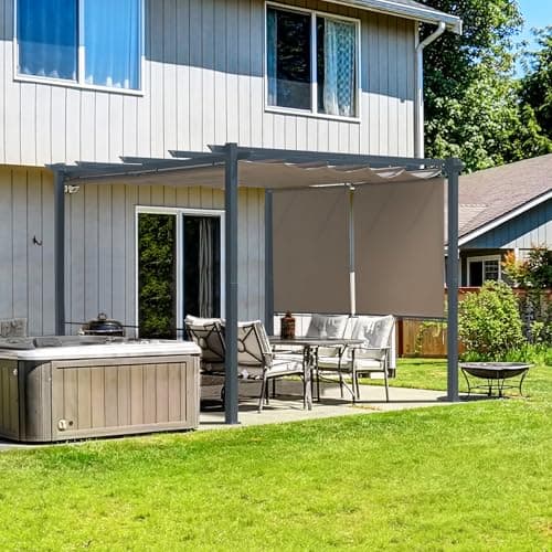 Aoodor 10 x 10 ft Outdoor Pergola with Retractable Shade Canopy, Matte Aluminum Frame, 4 Roller Shade Curtains, Grape Trellis for Patio, Backyard, Garden, and Deck, Dark Brown