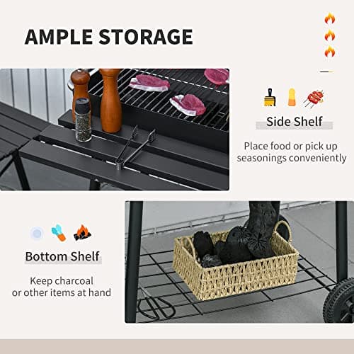 Outsunny 30" Portable Barrel Charcoal BBQ Grill, Steel Outdoor Barbecue Smoker with 370 Square Inches Cooking Space, Storage Shelf, Wheels for Garden Camping Picnic, Black