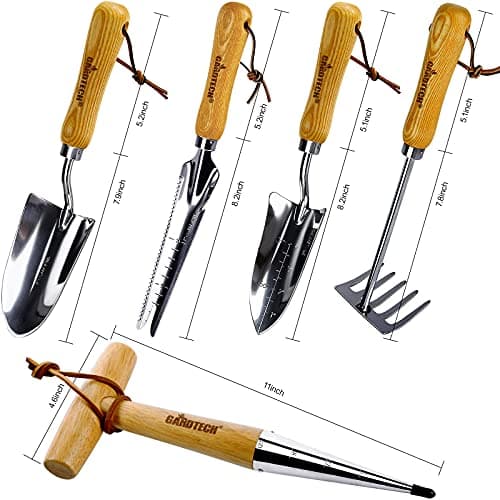 Gardtech Garden Tool Set, 5 Pcs Gardening Tool Set with Weeder Puller, Dibber, Transplanter, Big Trowel, 5-Claw Cultivator - Wooden Handle Heavy Duty Stainless Steel Gardening Hand Tools