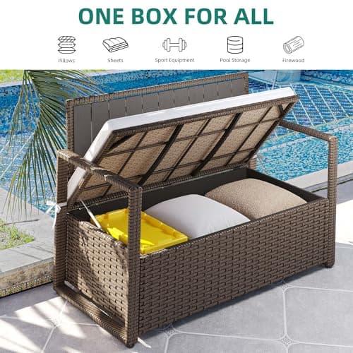YITAHOME 70 Gallon All-Weather PE Rattan Storage Bench, Waterproof Deck Box Seat for Patio Furniture, Outdoor Cushions, Pool & Garden Tools, Brown