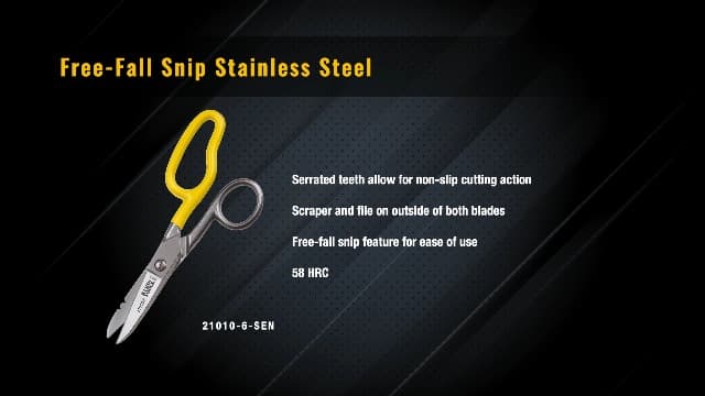 Klein Tools 21010-6-SEN Free-Fall Snip, Scraper, File, Serrated Blades, Made in USA