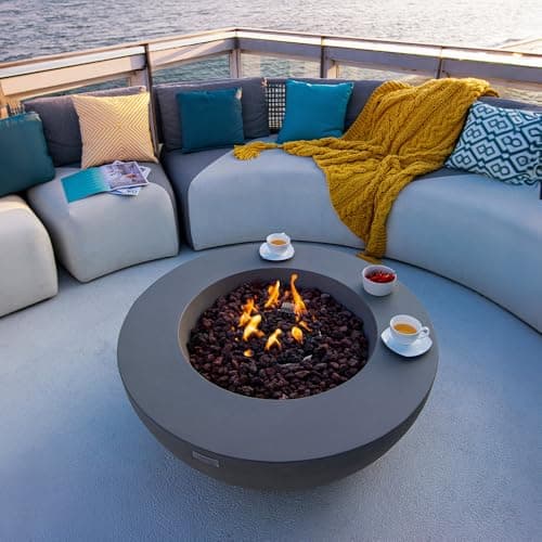 Elementi Lunar Fire Bowl Outdoor Fire Pit Table 42 Inches Round Firepit Concrete Patio Heater Electronic Ignition Backyard Fireplace Cover Lava Rock Included Liquid Propane