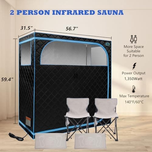 2 Person Infrared Sauna | Full Size Portable Sauna Tent | FAR Infrared Sauna for Home, 1,350watt, Home Saunas with Heating Foot Pad*2, Portable Chair*2, (L56.7 x W31.5 x H59.4, Black)
