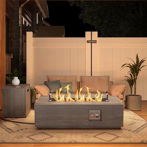 42" Rectangular Propane Fire Pit – 50,000 BTU Fire Table with Wind Guard Glass, Lid, Rocks and Cover – Backyard Fire Pits Outdoor – Propane Gas Fireplace for Deck or Patio (Grey, 42" Standard)