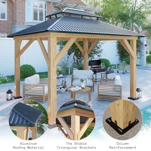 AMERLIFE 10x12 Solid Wood Gazebo, Hardtop Gazebo with Aluminum Double Roof, Outdoor Pergola with Wood Frame for Parties, Backyard, Lawns, Patio