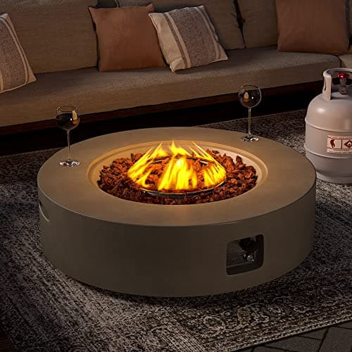 SUNBURY Outdoor 40" Propane Fire Pit Table, CSA Certified,50000 BTU Gray Patio Fire Table, Concrete Round Gas Fire Table w Lava Rocks (Tank Outside)