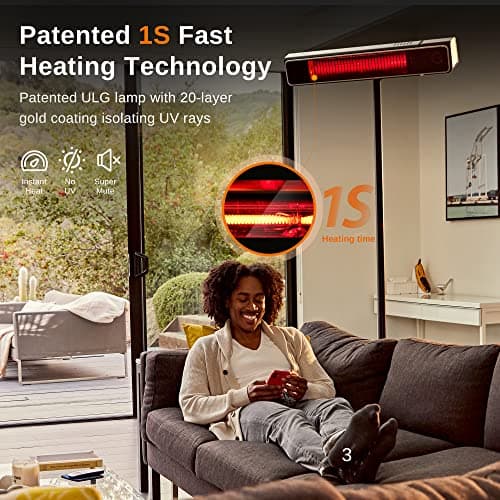 EAST OAK Patio Heater Electric, 1500W Standing Outdoor Heaters for Patio with Nanocrystal Glass-ceramic, Fast Heat Waterproof & Dustproof, Tip-over & Overheat Protection, 3 Heat Settings & 24h Timer