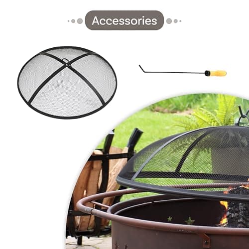 Sunnydaze Cosmic 42-Inch Large Outdoor Fire Pit - Wood-Burning Fire Pit with Round Spark Screen, Poker, and Built-in Grate