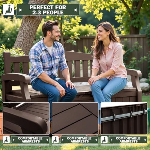 Flamaker 80 Gallon Storage Bench Outdoor Indoor, Durable All-Weather Seating with Hidden Storage, Lockable Deck Box for Garden, Patio, Poolside (Brown)
