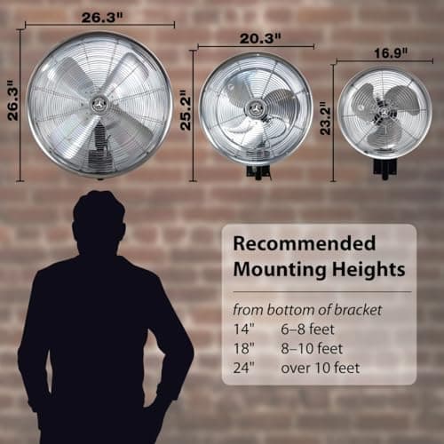 Hydromist Oscillating Wall Mounted Outdoor-Rated Fan, 3-Speed Cord Control, Hard Resin Fan Blade with Mounting Bracket and Black Cover, 18”, Metallic Silver