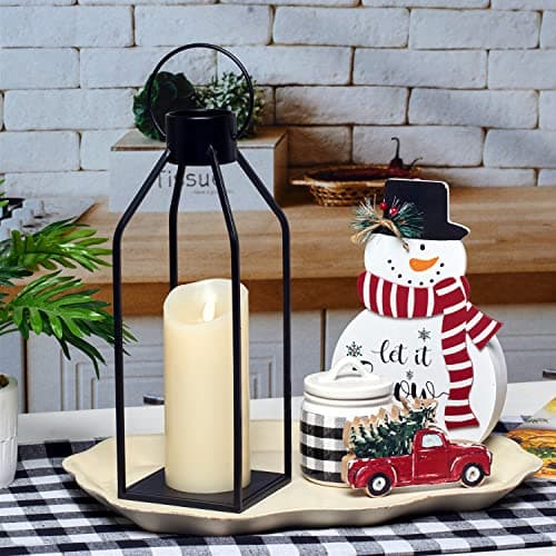 HPC Decor Modern Farmhouse Lanterrn Decor- Black Metal Candle for Christmas- Lanterns w/Timer Flickering Candles for Living Room,Home,Indoor, Outdoor,Table,Fireplace Mantle Décor
