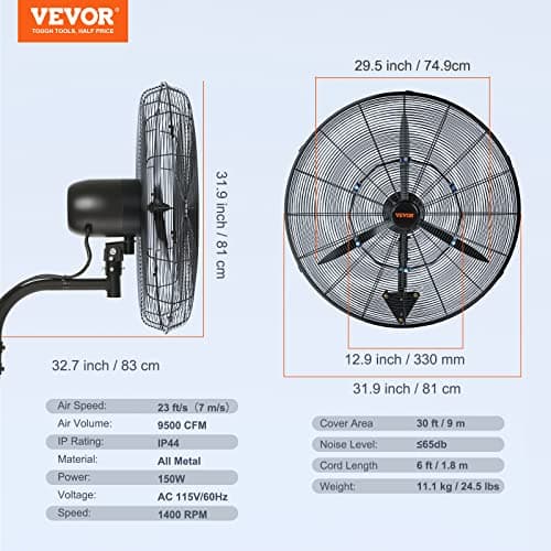 VEVOR 30 Inch Wall-Mount Misting Fan, 3-speed IP44 Waterproof Oscillating, Max. 9500 CFM Wall Mounted Fan for Outdoor, Commercial, Residential, Greenhouse, Workshop, Patio, Black, ETL Listed