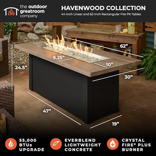 Outdoor GreatRoom Co Propane Fire Pit Table 62" Havenwood 80,000 BTU Luxury Gas Fire Pits for Outside Patio, Everblend Concrete Fire Table Top, Crystal Fire Plus Burner & Glass Cover, US Safety Rated