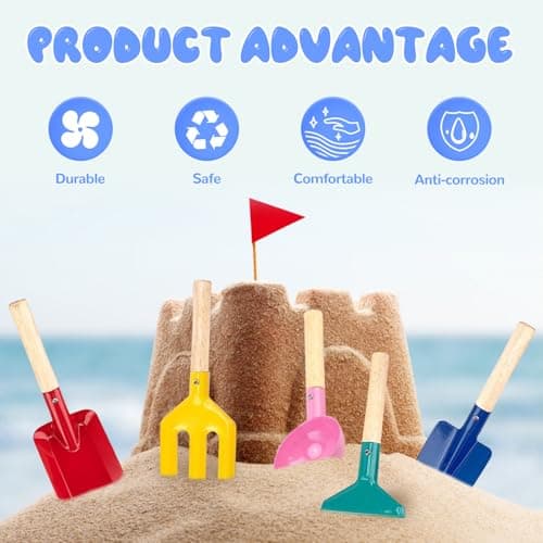 Beach Toys, 5 Pcs Kids Garden Tools, 8'' Children Beach Sand Toys Gardening Set with Sturdy Wooden Handle, Safe Kids Metal Beach Shovel with Spoon, Fork, Rake, Flat Shovel & Pointed Shovel