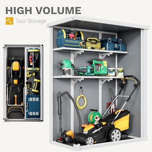 DWVO Outdoor Vertical Storage Shed with 2 Shelves, 49 Cu Ft Waterproof Resin Garden Shed with Floor & Lockable Door, Plastic Tall Tool Cabinet for Garbage Cans, Lawn Equipment, Garden Supplies (Gray)