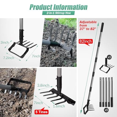 Suchtale 82 Inch Stirrup Hoe and 5-Tines Rake, Action Hoe for Weeding, 2 in 1 Scuffle Hoe with 37-82"Adjustable Handle, Hula Hoe Cultivator for Loosening Soil, Loop Hoe for Garden Weeding and Planting