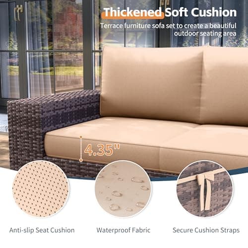 UDPATIO 7 Piece Patio Furniture Set with Fire Pit Table, 8''Wide Armrest Modular Rattan Outdoor Sectional Sofa Set,Wicker Patio Conversation Sets for Backyard,Deck w/ 4'' Cushions,Cover(Brown/Khaki)