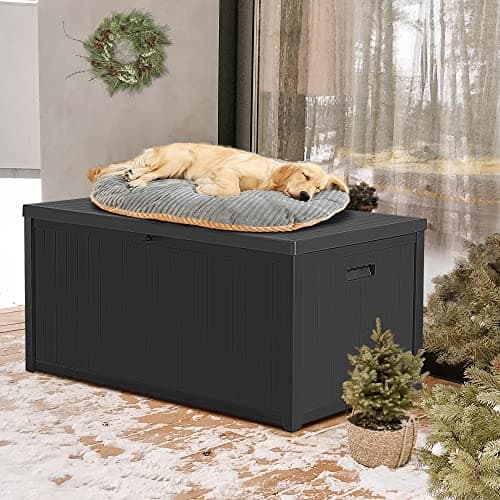 Resin Deck Box, 120 Gallon Large Outdoor Indoor Patio Storage Box Waterproof, Outside Storage Bin for Patio Furniture Covers, Cushion Pillows, Towels, Garden Tools, Black