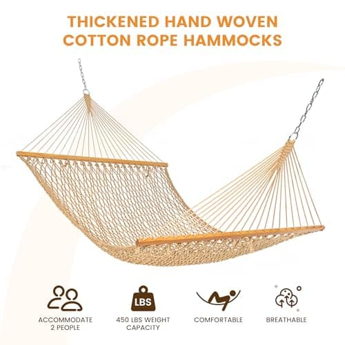 Lazy Daze Hammocks Double Rope Hammock, 2 Person Traditional Outdoor Hand Woven Cotton Rope Hammock with Spreader Bar, Chains, Tree Straps for Patio Yard - Max 450 Lbs, Tan