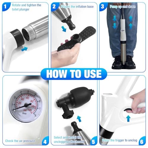 High Pressure Toilet Plunger, Air Drain Blaster Gun with Visual Barometer and Stainless Steel Plungers, Powerful Drain Clog Remover Tool for Sink, Toilet, Floor Drain - Heavy Duty Toilet Plungers