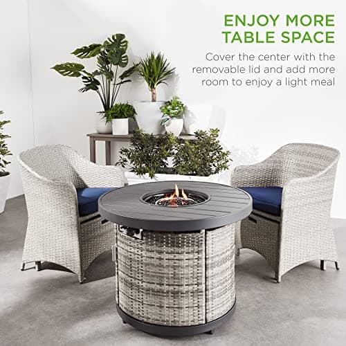 Best Choice Products 32in Round Gas Fire Pit Table, 50,000 BTU Outdoor Wicker Patio Propane Firepit w/Faux Wood Table Top, Glass Beads, Cover, Hideaway Tank Holder, Lid - Gray