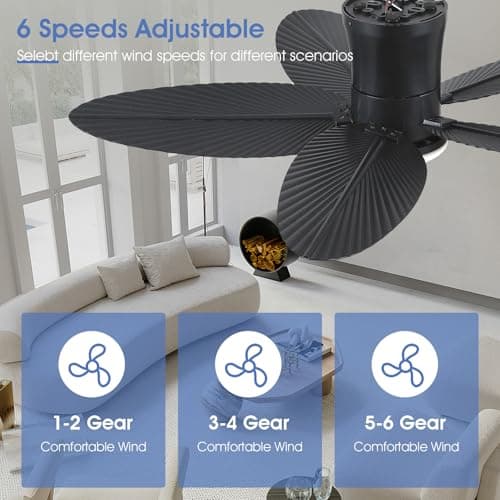 Palm Leaf Ceiling Fans with Lights-42 Tropical Ceiling Fan with Light and Remote/APP Control,Flush Mount Low Profile Black Ceiling Fans for Bedroom,Indoor/Outdoor Patio Use