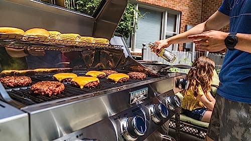 Monument Grills Larger 4-Burner Propane Gas Grills Stainless Steel Cabinet Style with Clearview® Lid, Knob Controls, Built-In Thermometer, Infrared Side Sear Burners & Side Burners
